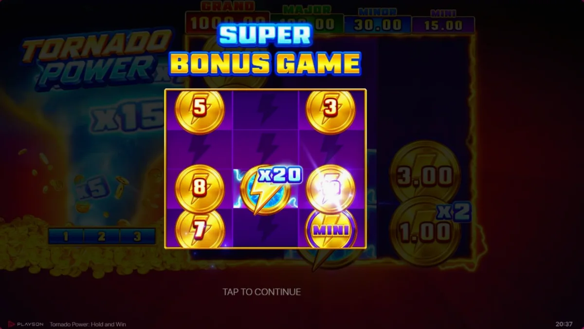 Tornado Power: Hold and Win স্লটের ঝকঝকে এবং বৈদ্যুতিক থিমযুক্ত গেমপ্লে স্ক্রিন