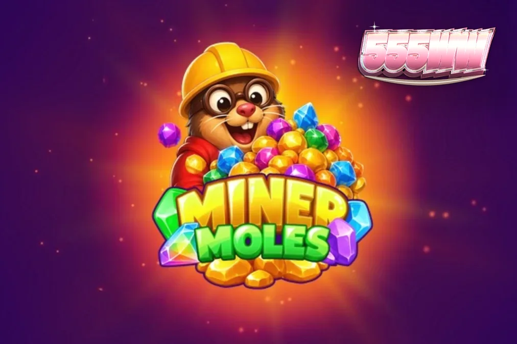 Miner Moles slot game screen featuring cute moles and gem-filled cave visuals